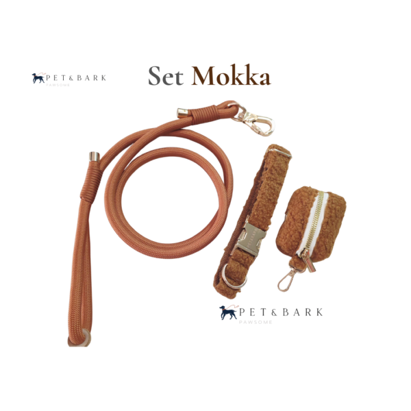 Conjunto de correa, collar y porta bolsas de tela para perro color mokka 2 Set Mokka