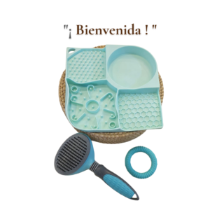 Conjunto para Perros, Tapete para lamer color verde aqua, cepillo para pelo color verde y mordedera para perro color verde Combo Bienvenida
