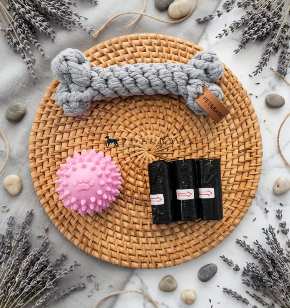 Hueso perro color gris y pelota rosa pet&bark