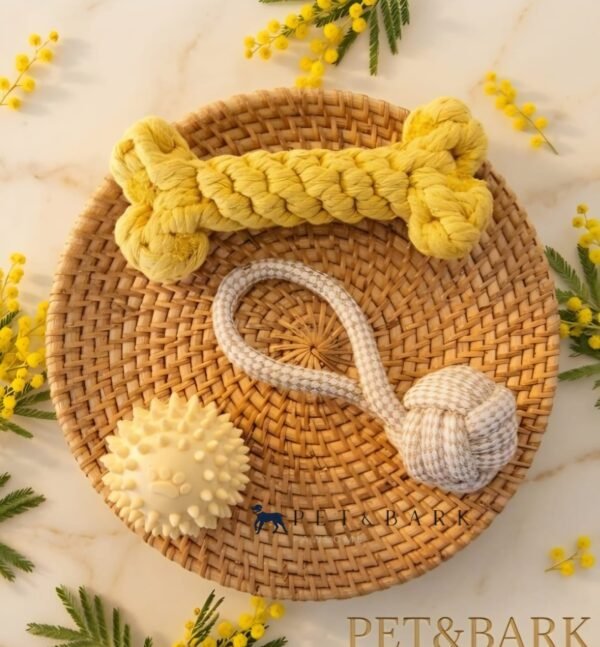 Juguete para perro hueso pelota y cuerda color amarillo