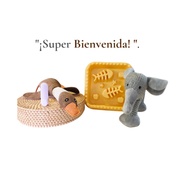 combo para perros plato para comida lenta, peluche de pato y elefante y limpia dientes Set Super Bienvenida